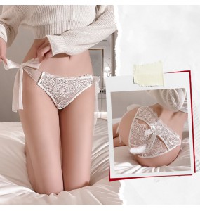 FEE ET MOI - Sexy Sheer Ribbon-Tie Crotchless Lace Panties (White)